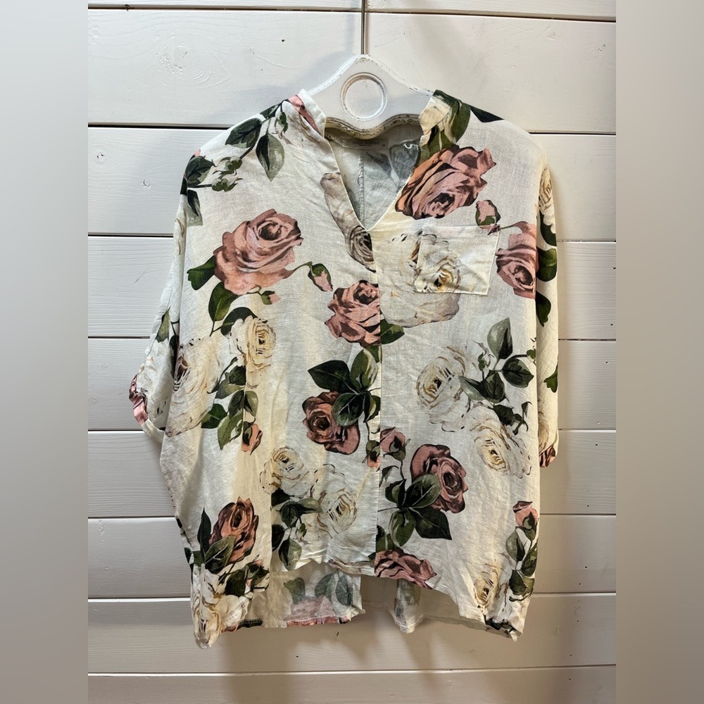VIOLA BORGHI Cream Floral Linen Blouse 2X
